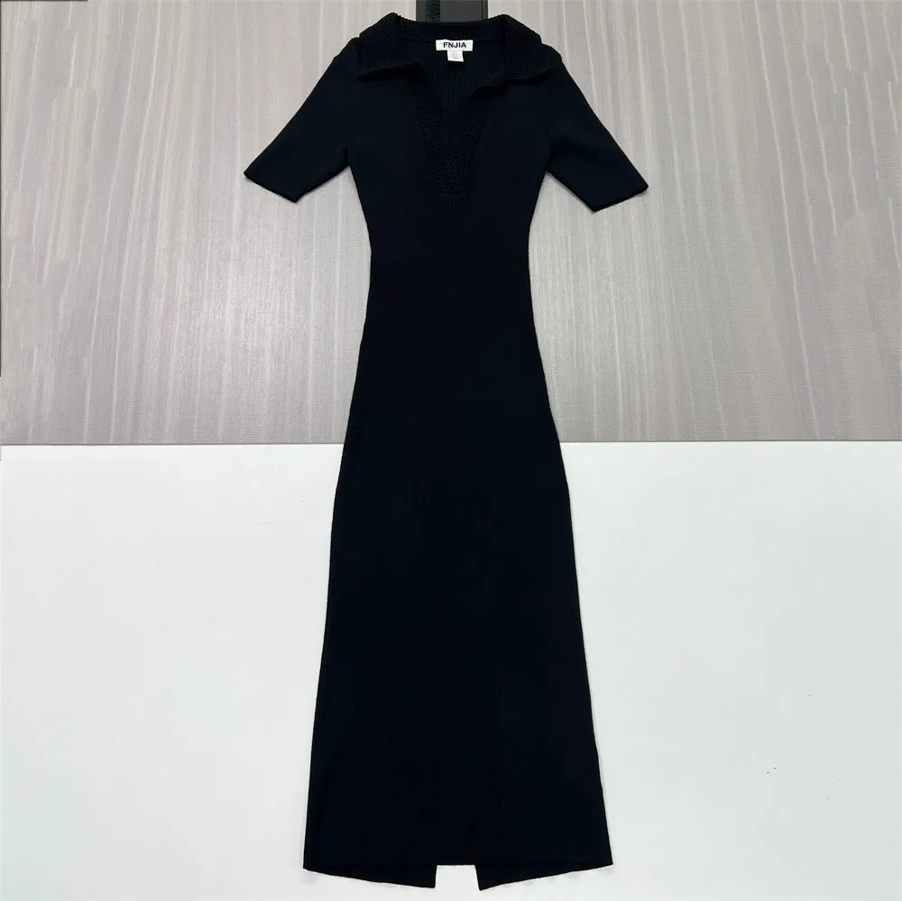 Women's Black Ribbed Polo Maxi Dress: Textured Collar, Slim-Fit, Elegant Casual Design