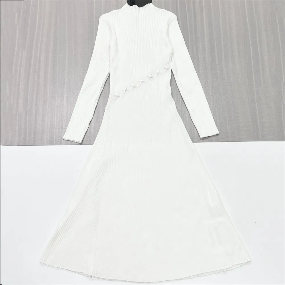 Women's White Ribbed Maxi Dress: Turtleneck, Tie-Slit Detail, Elegant Formal-Casual Design
