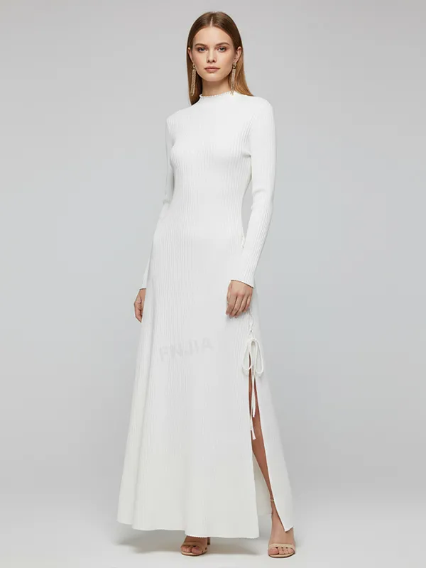 Women's White Ribbed Maxi Dress: Turtleneck, Tie-Slit Detail, Elegant Formal-Casual Design