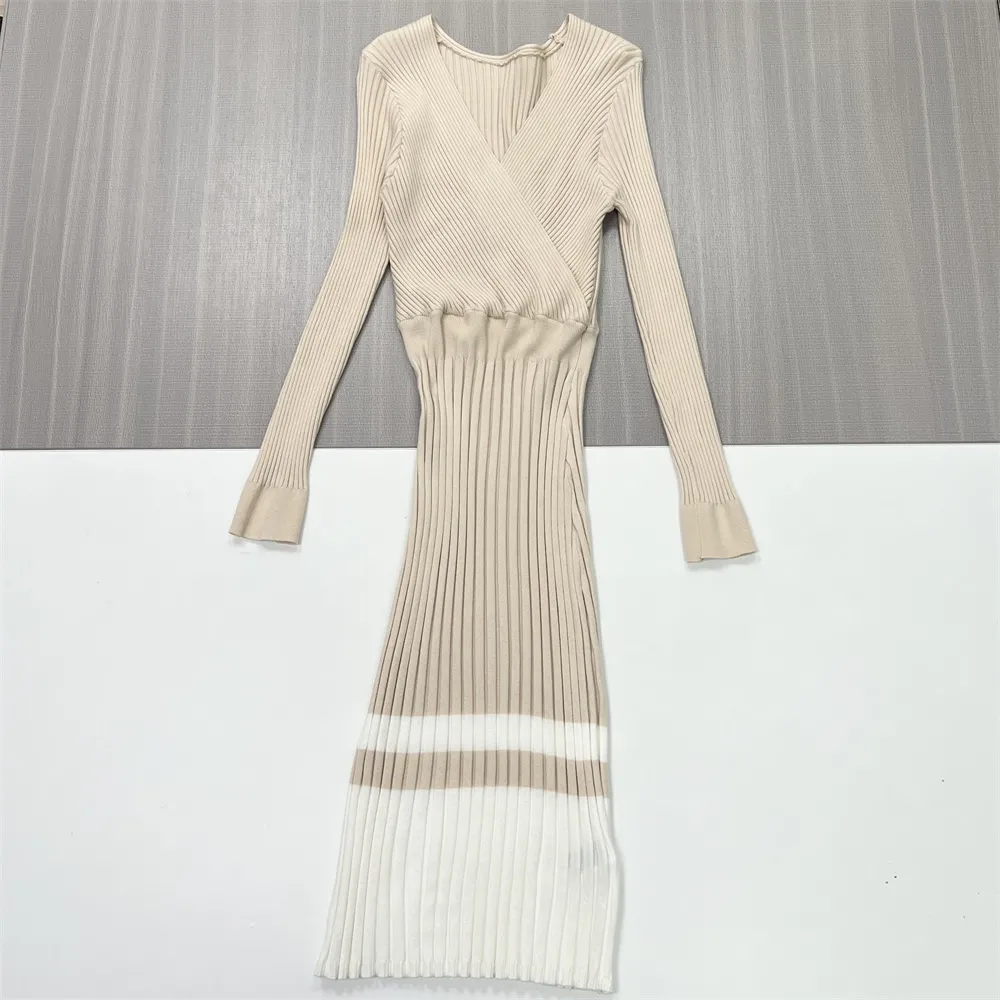Women's Beige Color-Block Ribbed Knit Dress: V-Neck, Fitted Midi, Modern Elegant Design