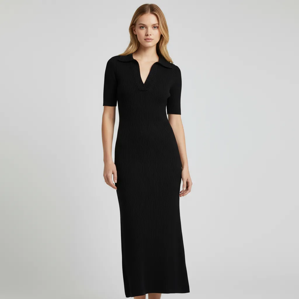 Women's Black Ribbed Polo Maxi Dress: Textured Collar, Slim-Fit, Elegant Casual Design