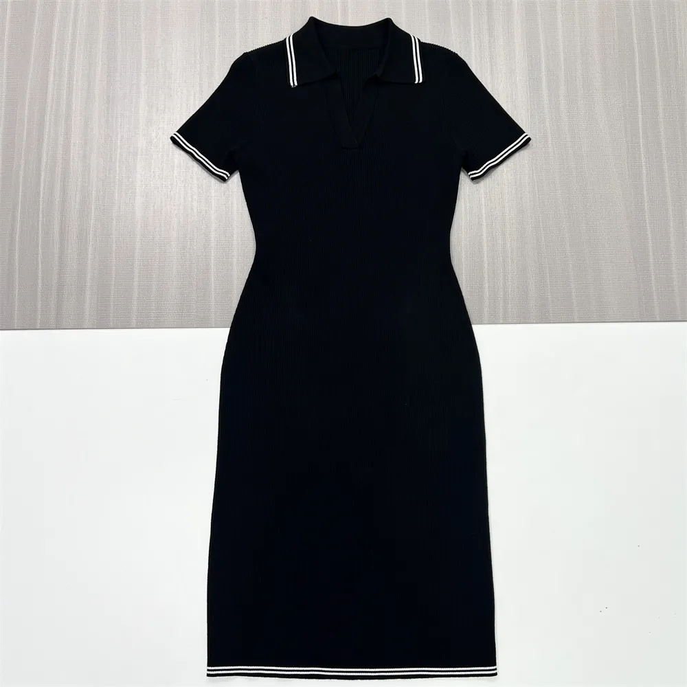 Women's Black Polo Midi Dress: Ribbed, Slim-Fit, Nautical-Trim Casual Design