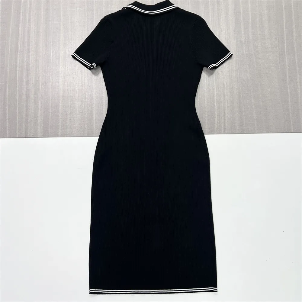 Women's Black Polo Midi Dress: Ribbed, Slim-Fit, Nautical-Trim Casual Design