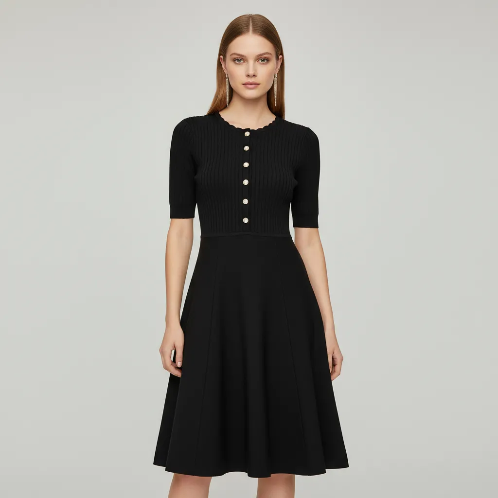 Women's Black Ribbed Midi Dress: Pearl Buttons, Puff Sleeves, Elegant Casual Design