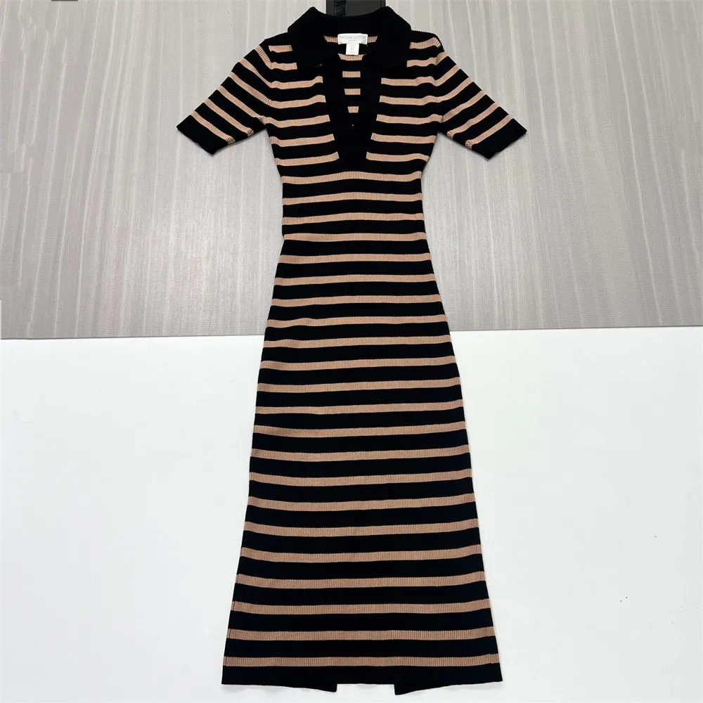 Women's Black & Camel Striped Polo Maxi Dress: Slim-Fit, Short-Sleeve, Retro-Casual Design
