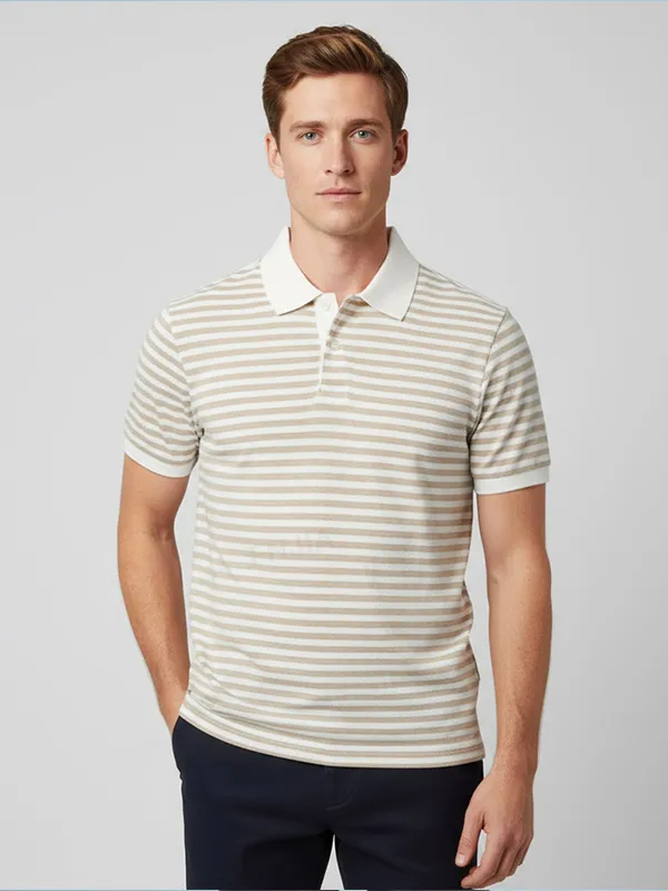 Men's Beige Striped Polo Shirt: Contrast Collar, Soft Texture, Casual Design