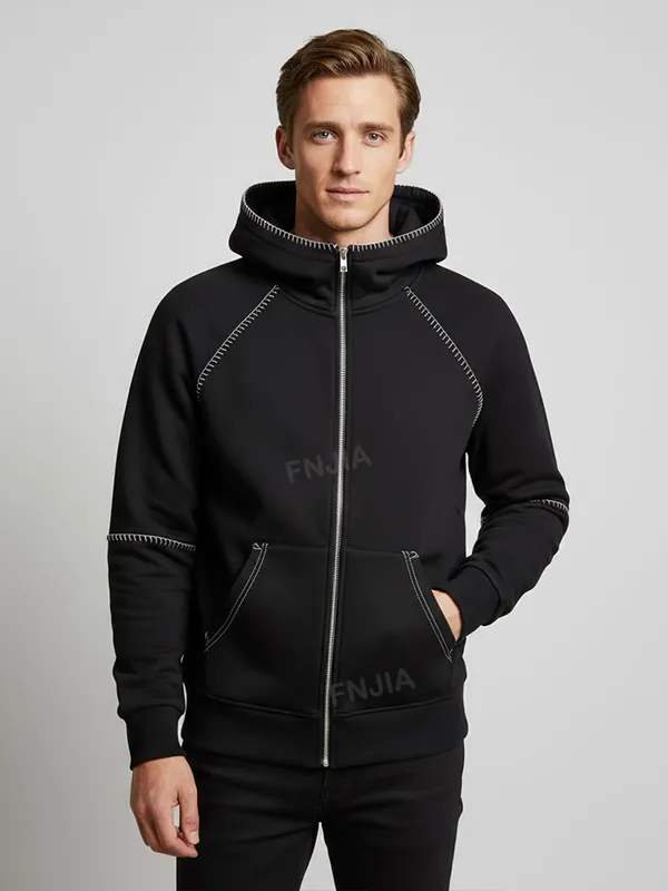 Men's Black Full-Zip Hoodie: Contrast Stitching, Kangaroo Pocket, Casual Apparel