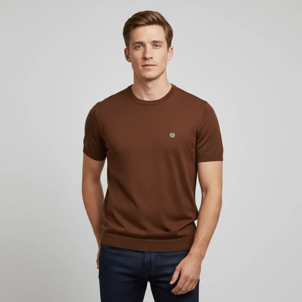 Men's Brown Short-Sleeve Knit Top: Emblem Detail, Soft Texture, Casual Design