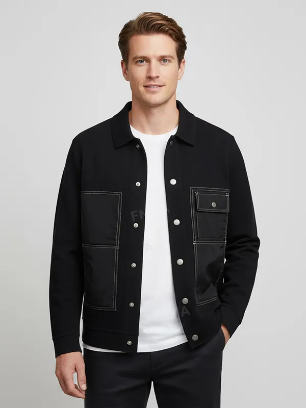 Men's Black Shirt Jacket: Contrast Stitching, Patch Pockets, Casual Outerwear