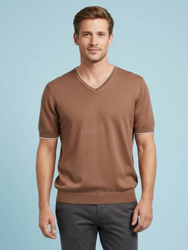 Men's Brown V-Neck Short-Sleeve Knit Top: Contrast Trim, Soft Texture, Casual Design