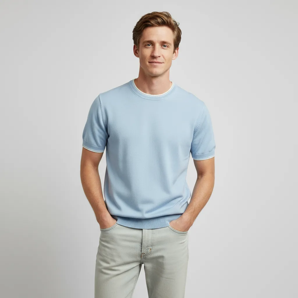 Men's Light Blue Short-Sleeve Knit Top: Contrast Trim, Soft Texture, Casual Design