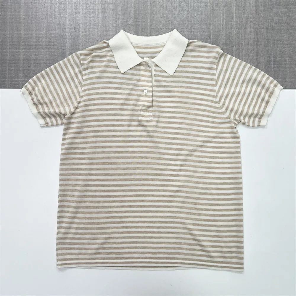 Men's Beige Striped Polo Shirt: Contrast Collar, Soft Texture, Casual Design