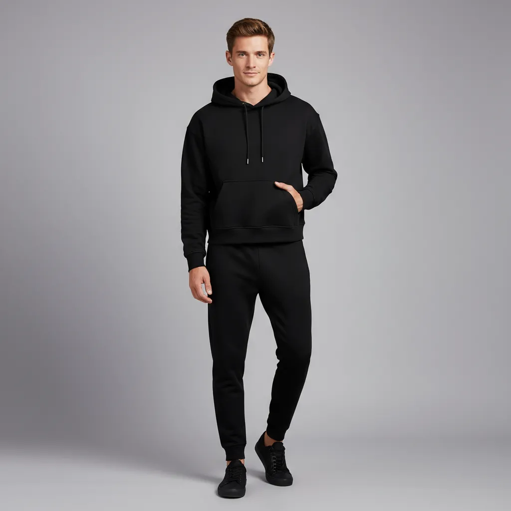 Men's Black Cropped Hoodie: Relaxed Fit, Kangaroo Pocket, Casual Apparel