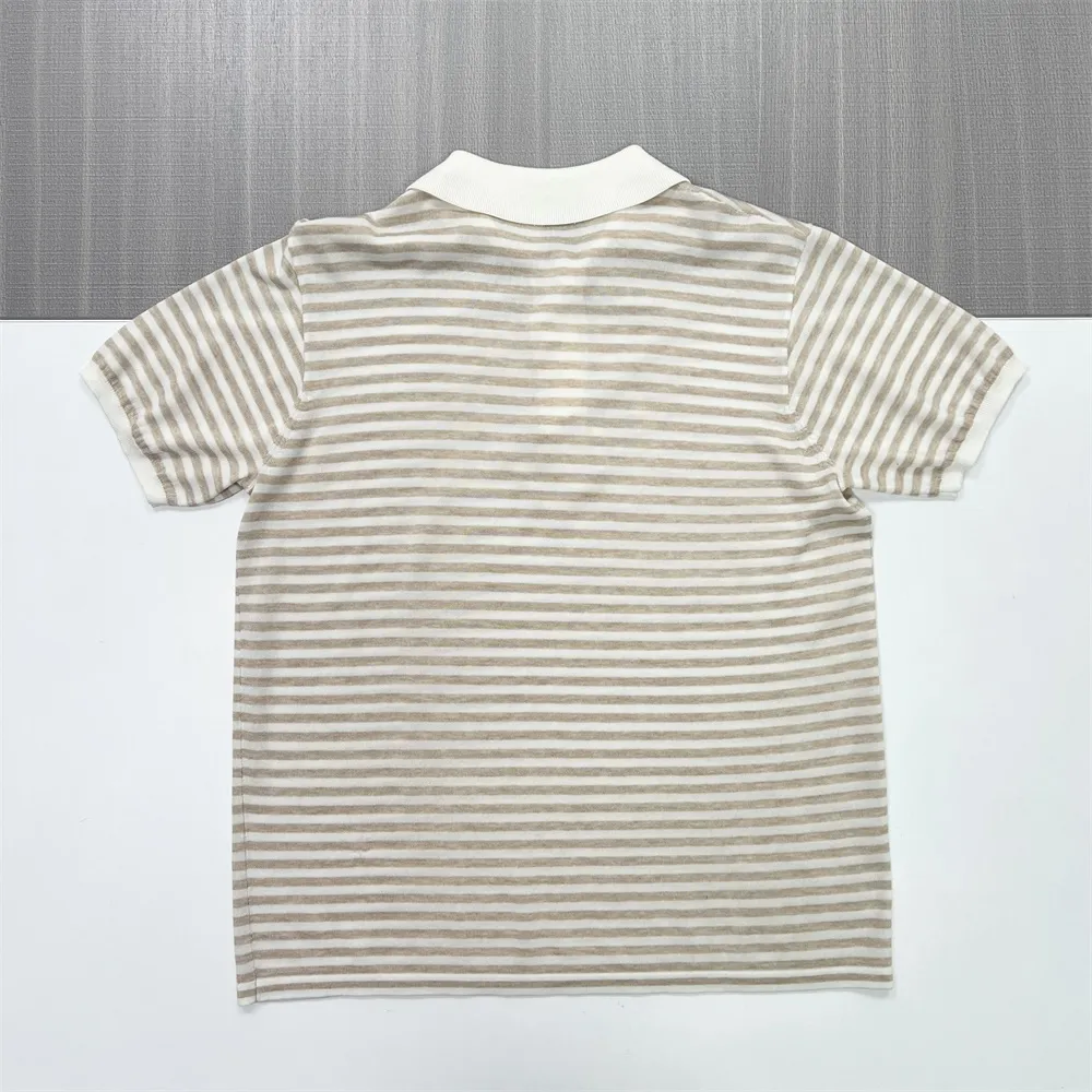 Men's Beige Striped Polo Shirt: Contrast Collar, Soft Texture, Casual Design