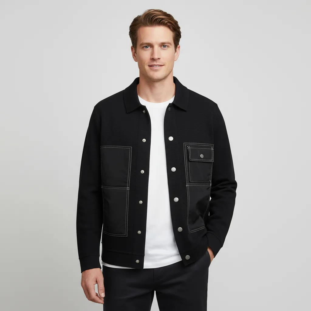 Men's Black Shirt Jacket: Contrast Stitching, Patch Pockets, Casual Outerwear