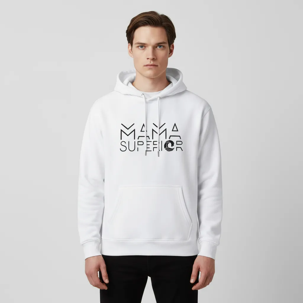 Men's White Graphic Hoodie: "MAMA SUPERIOR" Print, Kangaroo Pocket, Casual Apparel