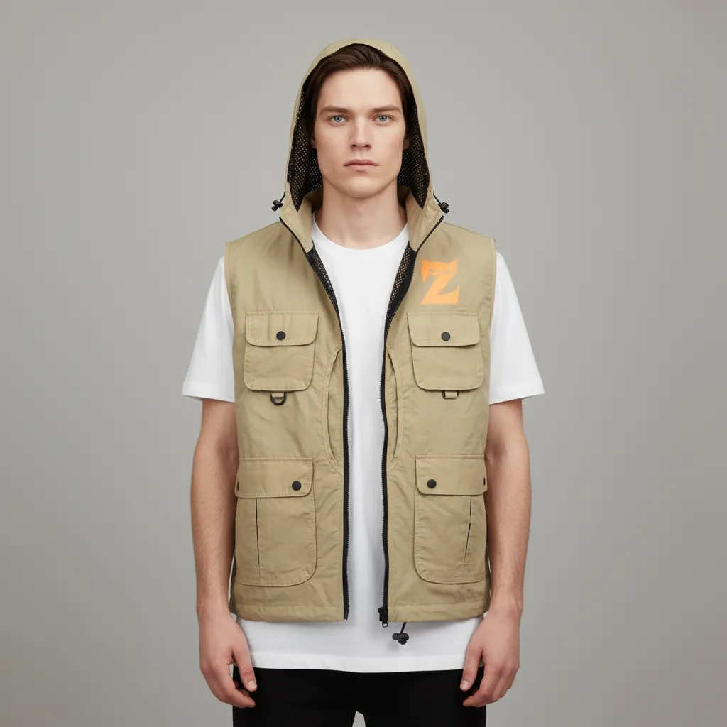 Men's Beige "Zeus" Utility Vest: Hooded, Multi-Pocket, Graphic Outerwear