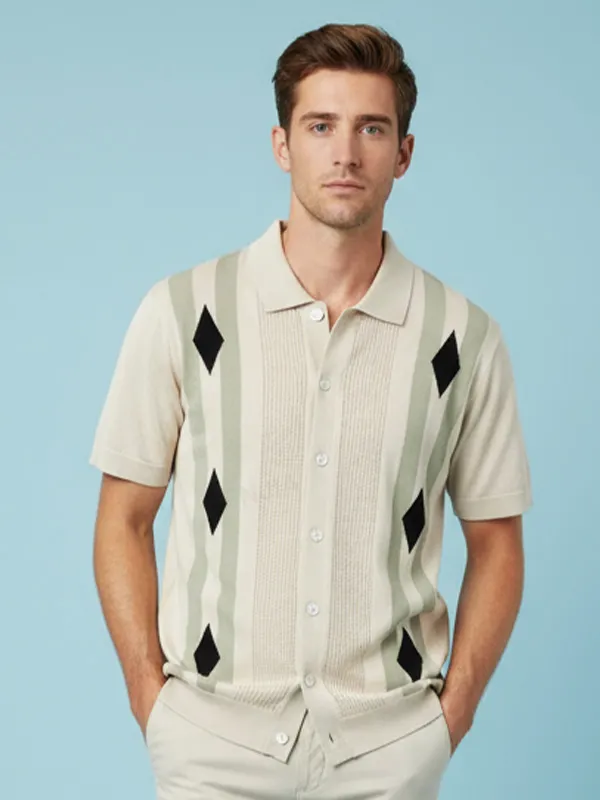 Men's Beige Knit Polo Shirt: Argyle Stripe Detail, Short-Sleeve, Casual Design