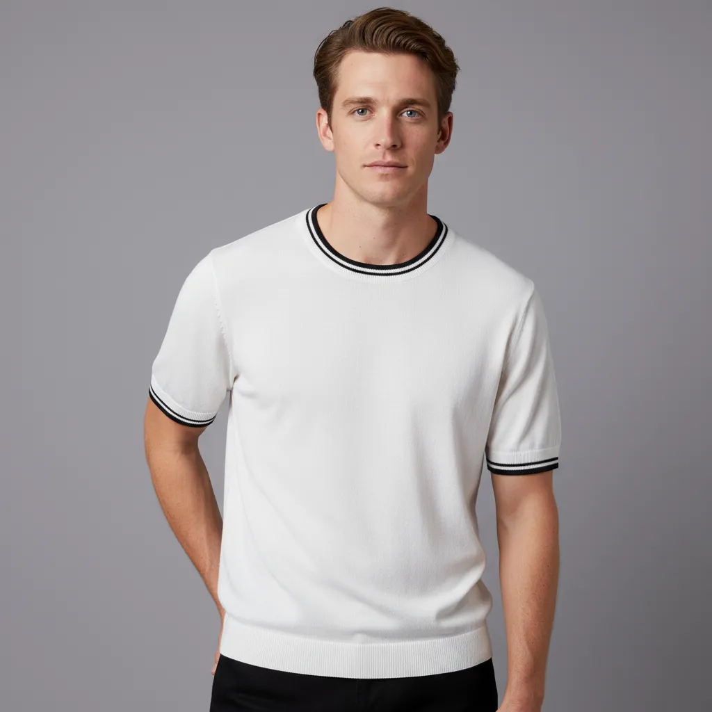 Men's White Short-Sleeve Knit Top: Black Contrast Trim, Soft Texture, Casual Design