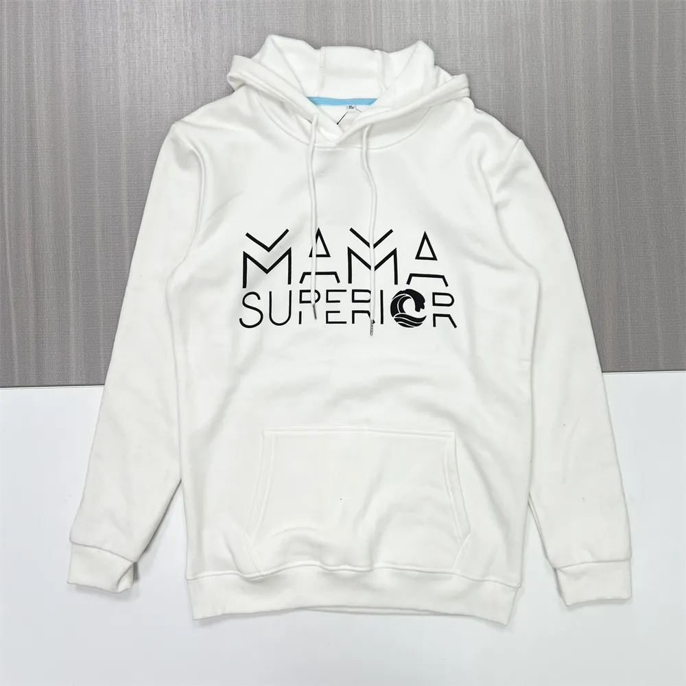 Men's White Graphic Hoodie: "MAMA SUPERIOR" Print, Kangaroo Pocket, Casual Apparel