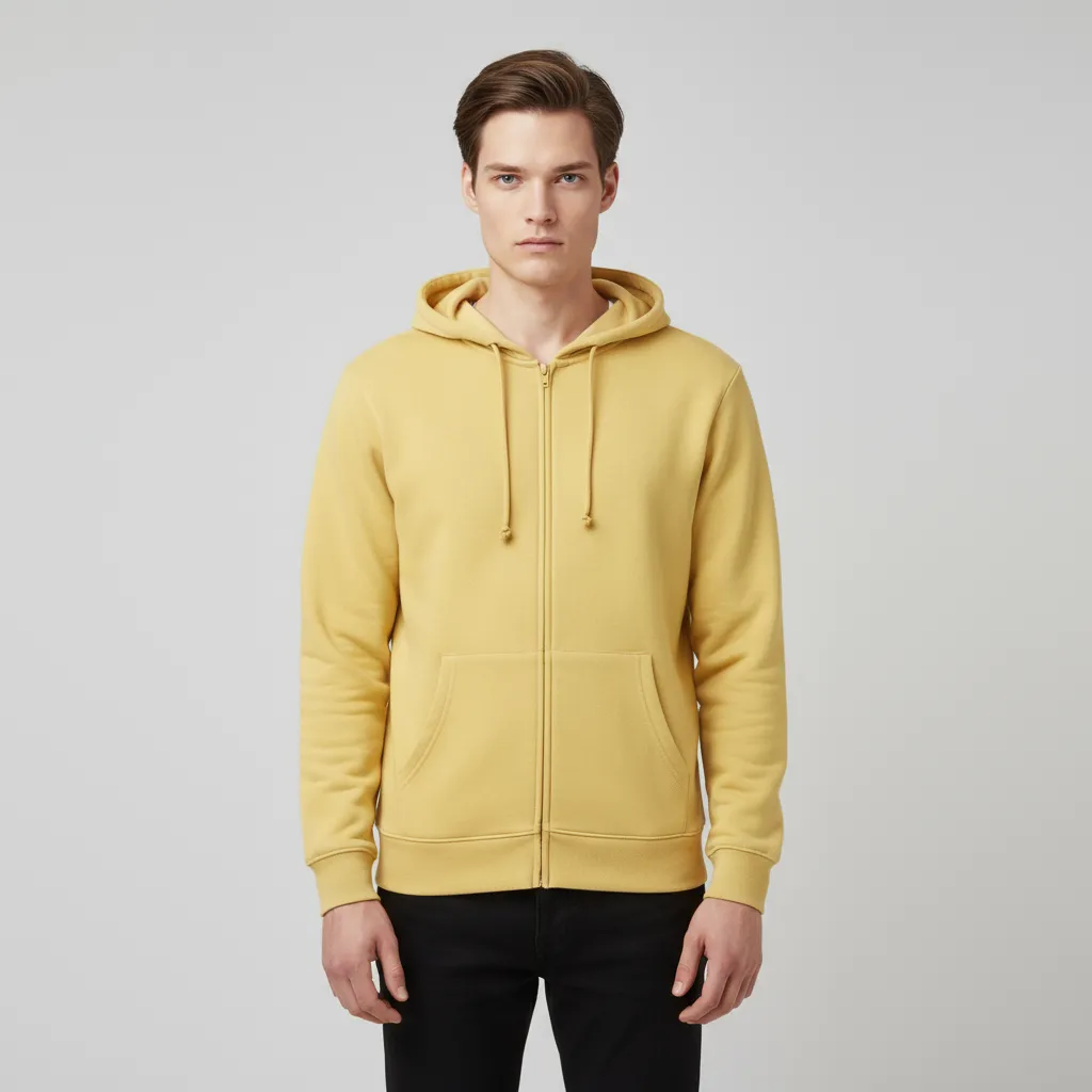 Men's Yellow Full-Zip Hoodie: Classic Design, Kangaroo Pocket, Casual Apparel
