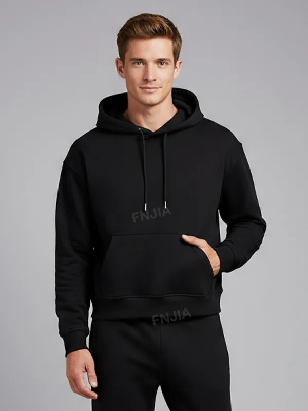 Men's Black Cropped Hoodie: Relaxed Fit, Kangaroo Pocket, Casual Apparel