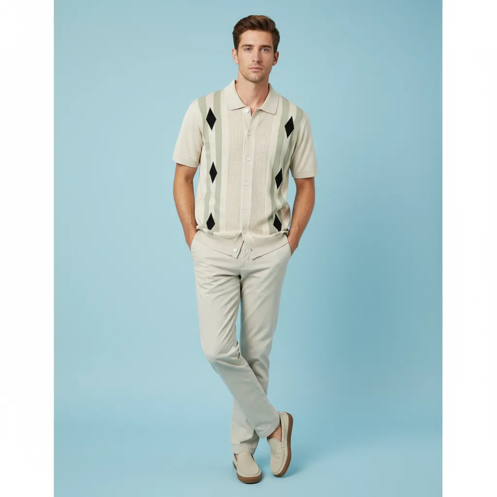 Men's Beige Knit Polo Shirt: Argyle Stripe Detail, Short-Sleeve, Casual Design