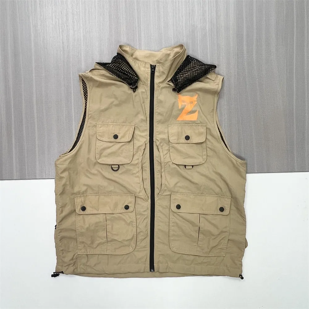 Men's Beige "Zeus" Utility Vest: Hooded, Multi-Pocket, Graphic Outerwear
