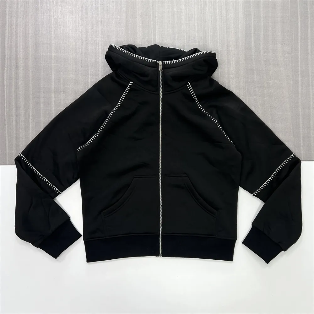 Men's Black Full-Zip Hoodie: Contrast Stitching, Kangaroo Pocket, Casual Apparel