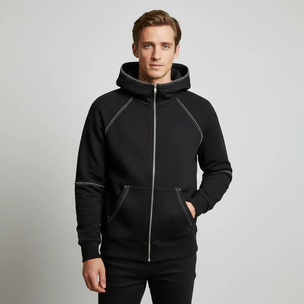Men's Black Full-Zip Hoodie: Contrast Stitching, Kangaroo Pocket, Casual Apparel