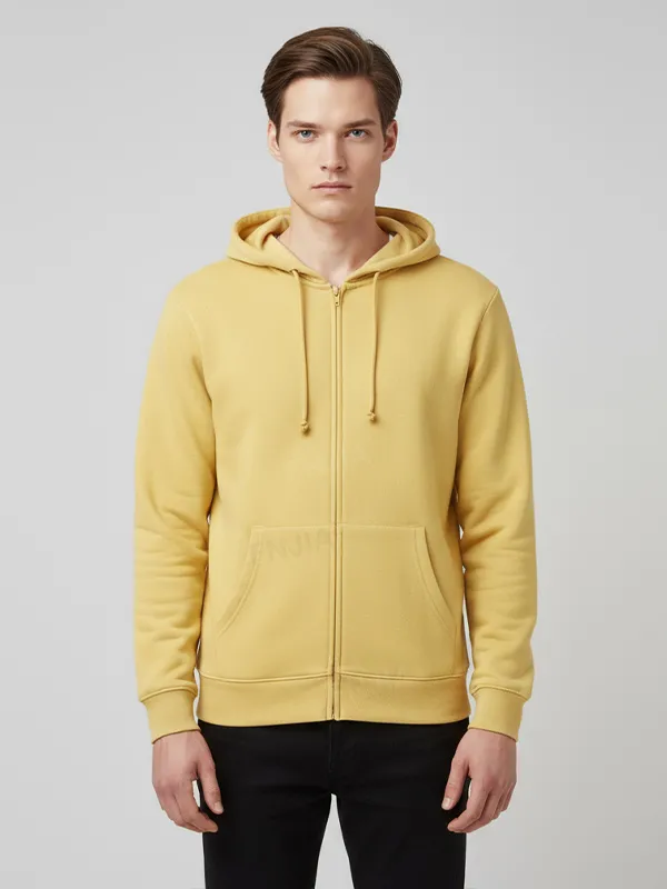 Men's Yellow Full-Zip Hoodie: Classic Design, Kangaroo Pocket, Casual Apparel