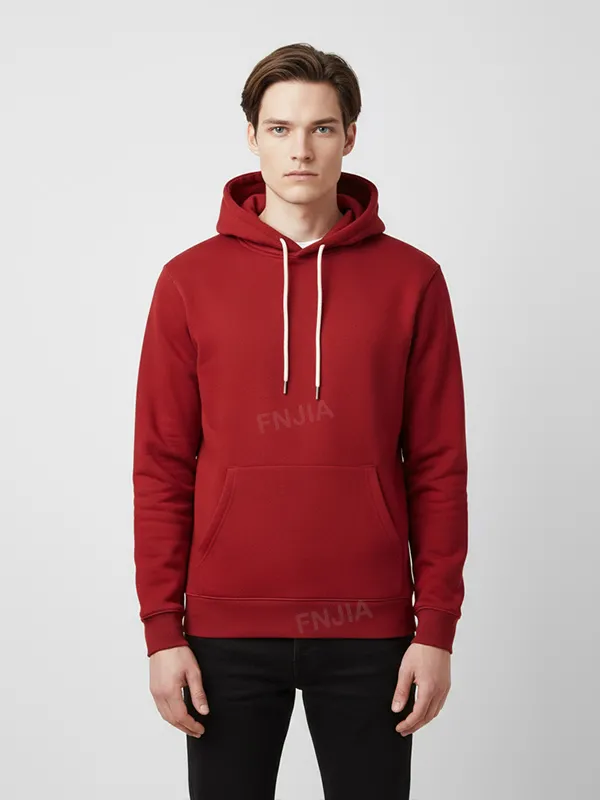 Men's Burgundy Hoodie: Contrast Drawstrings, Kangaroo Pocket, Casual Apparel