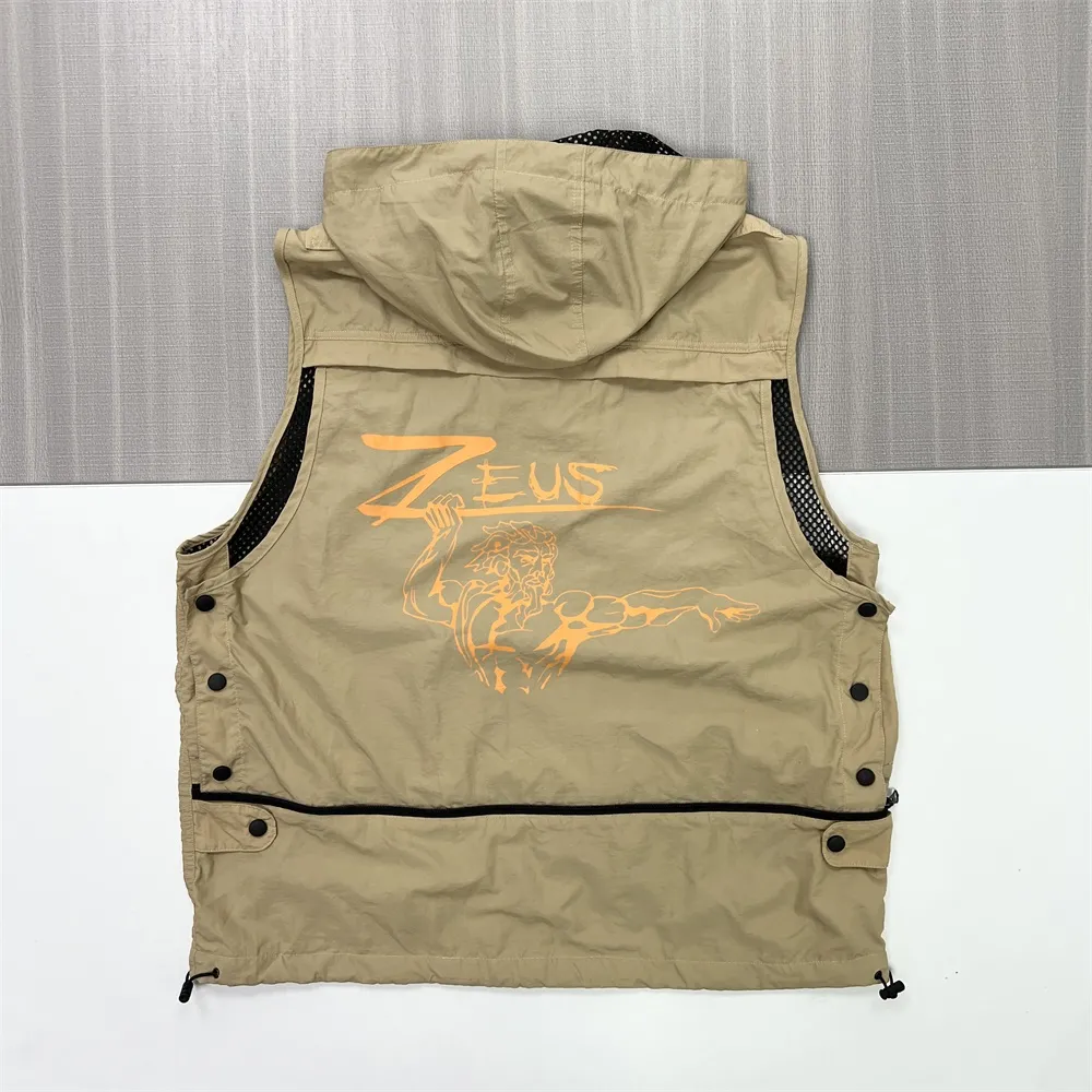 Men's Beige "Zeus" Utility Vest: Hooded, Multi-Pocket, Graphic Outerwear