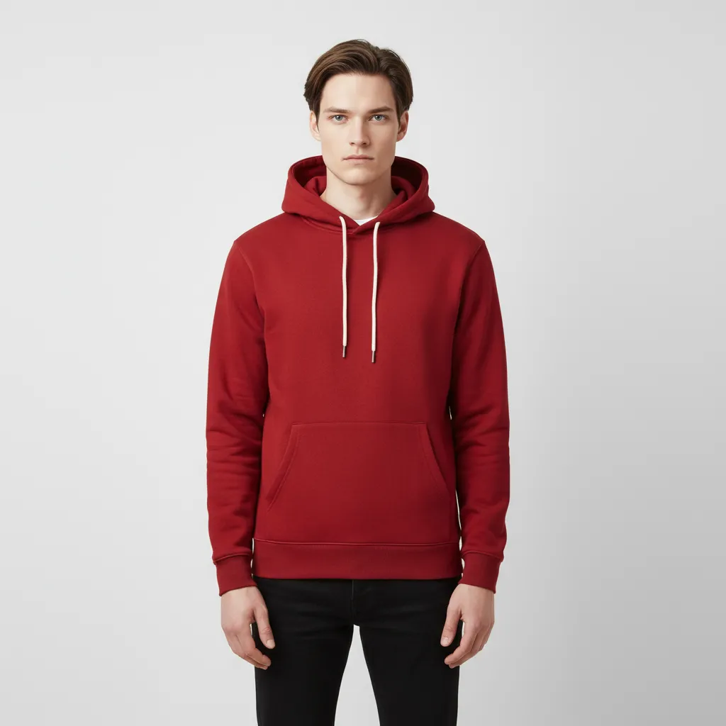 Men's Burgundy Hoodie: Contrast Drawstrings, Kangaroo Pocket, Casual Apparel