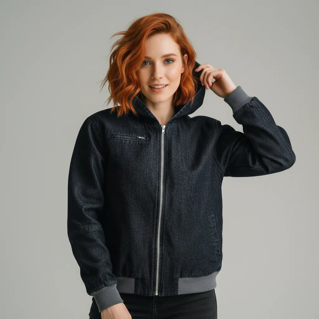 Women's Dark Denim Hooded Jacket: Full-Zip, Contrast Cuffs, Casual Outerwear