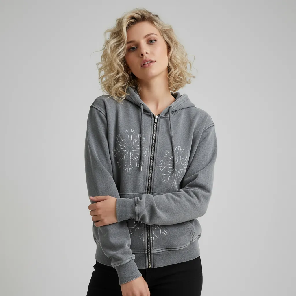 Women's Gray Full-Zip Hoodie: Snowflake Embellishment, Casual Apparel