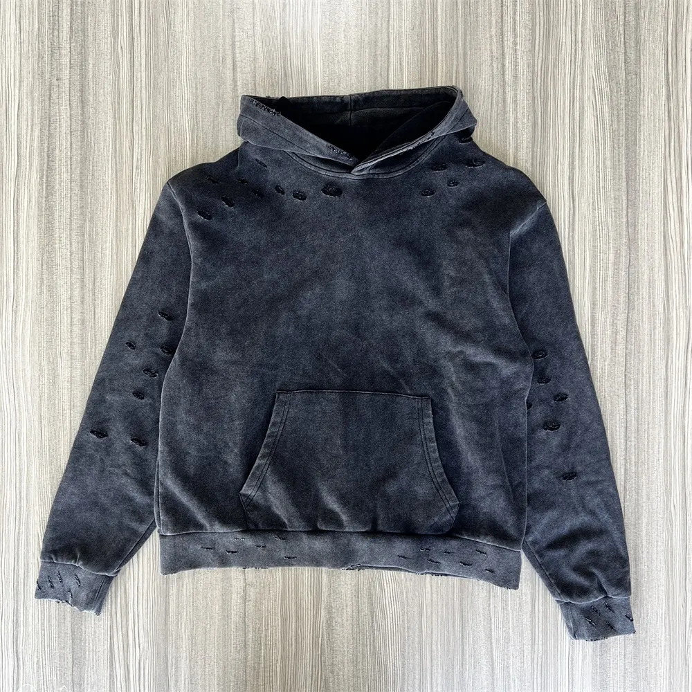 Women's Distressed Charcoal Hoodie: Ripped Detail, Casual Apparel