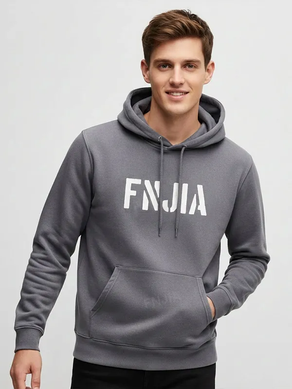 Men's Gray Hoodie: FNJIA Custom Logo Print, Kangaroo Pocket, Casual Apparel
