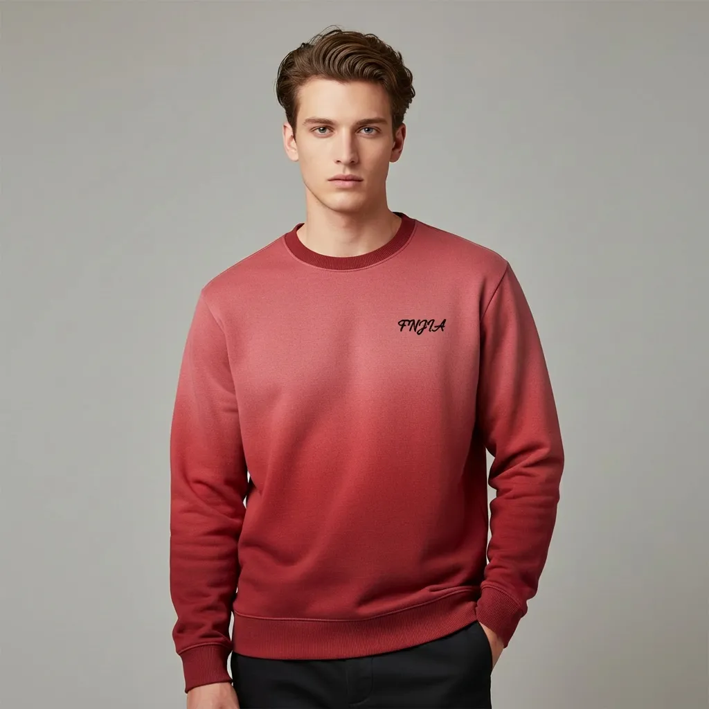 Men's Burgundy Gradient Sweatshirt: Minimal Logo, Crew Neck, Casual Apparel