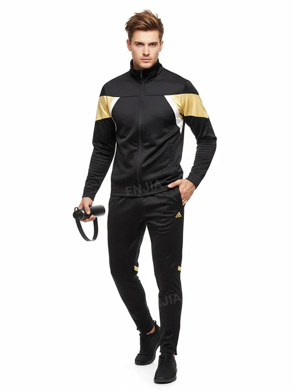 Men's Black & Gold Track Suit Jacket  Pants Color-Block Design Casual Apparel