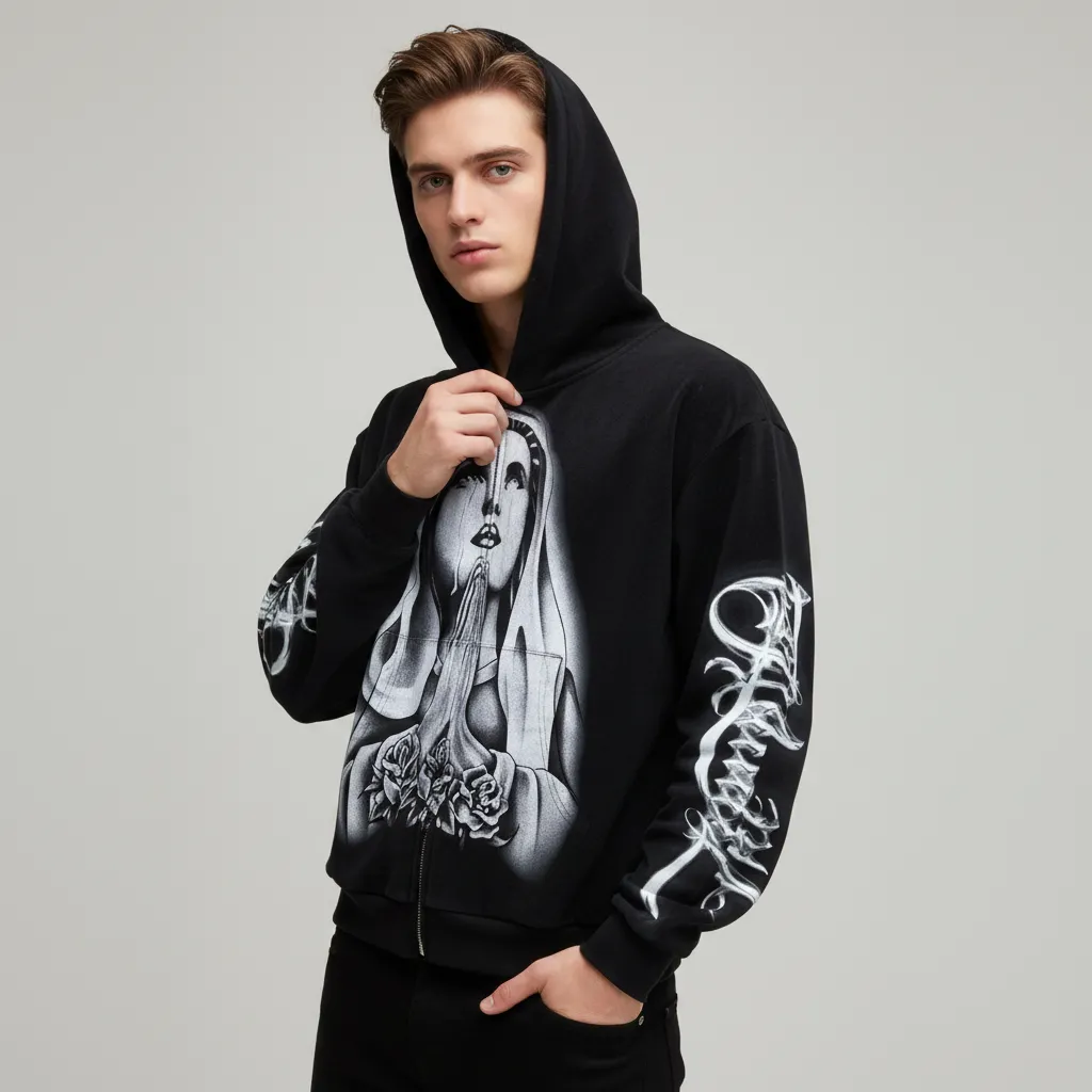 Custom Men's Black Printed Hoodie  Religious Art Design Full-Zip Casual Wear