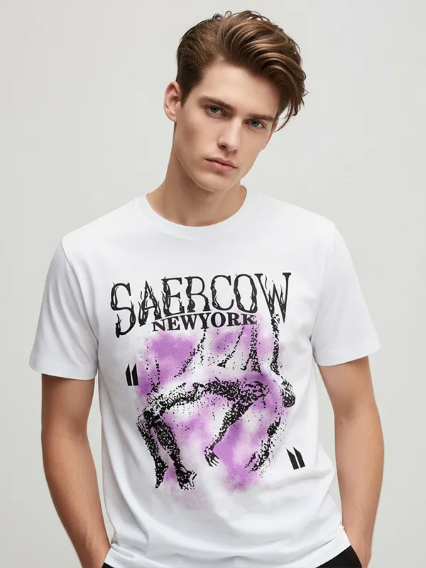 Men's White Graphic T-Shirt: Purple Print, Casual Apparel