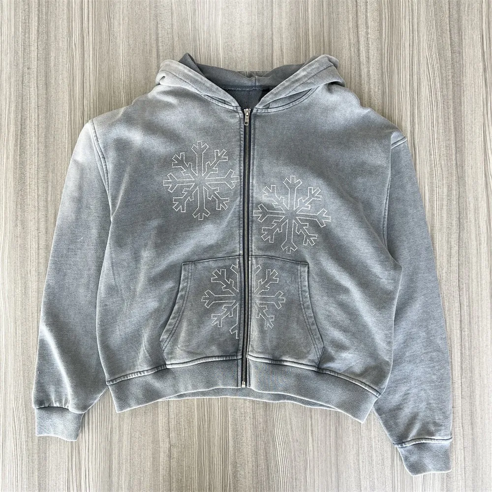 Women's Gray Full-Zip Hoodie: Snowflake Embellishment, Casual Apparel