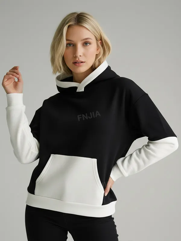 Women's Black & White Color-Block Hoodie: Cropped Fit, Casual Apparel