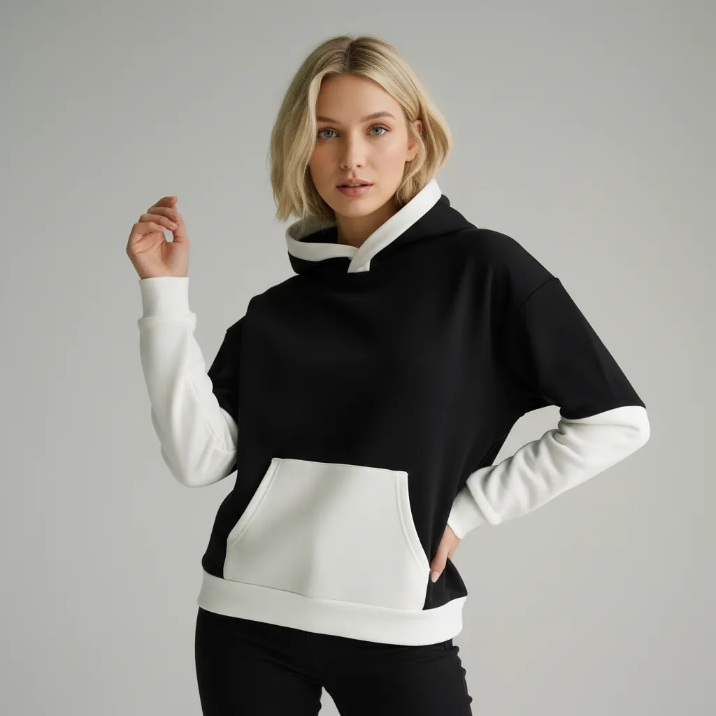 Women's Black & White Color-Block Hoodie: Cropped Fit, Casual Apparel