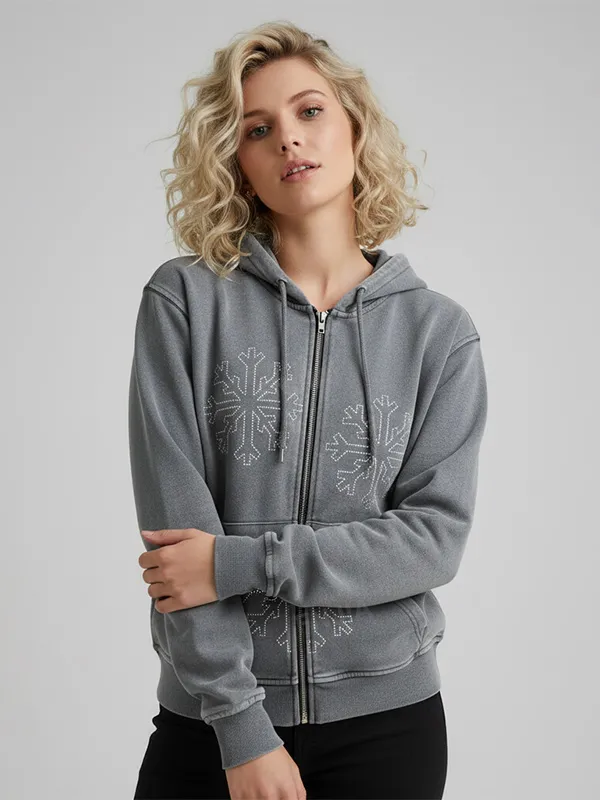 Women's Gray Full-Zip Hoodie: Snowflake Embellishment, Casual Apparel