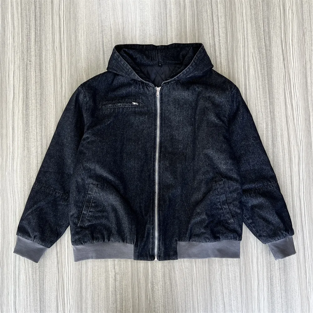 Women's Dark Denim Hooded Jacket: Full-Zip, Contrast Cuffs, Casual Outerwear