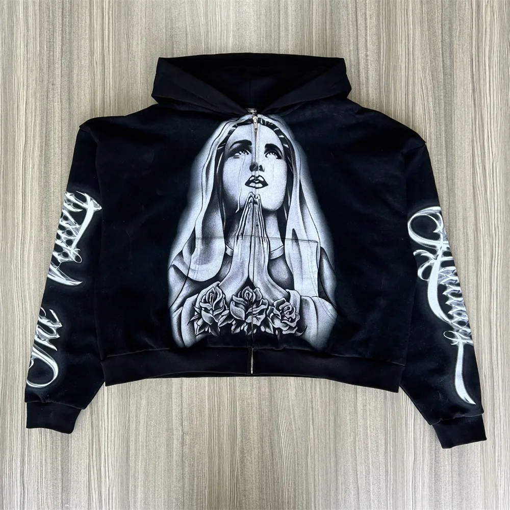 Custom Men's Black Printed Hoodie  Religious Art Design Full-Zip Casual Wear