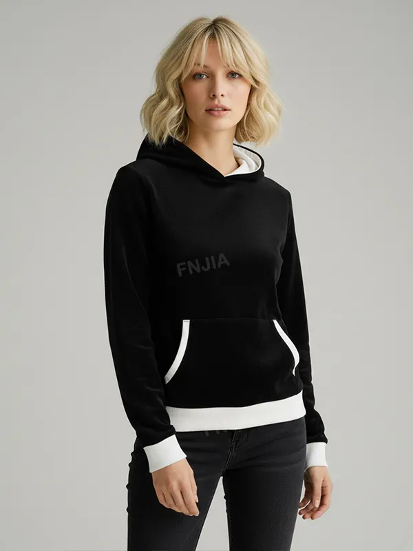 Women's Black & White Contrast Hoodie: Velvet Texture, Casual Apparel