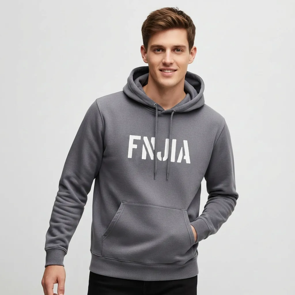 Men's Gray Hoodie: FNJIA Custom Logo Print, Kangaroo Pocket, Casual Apparel